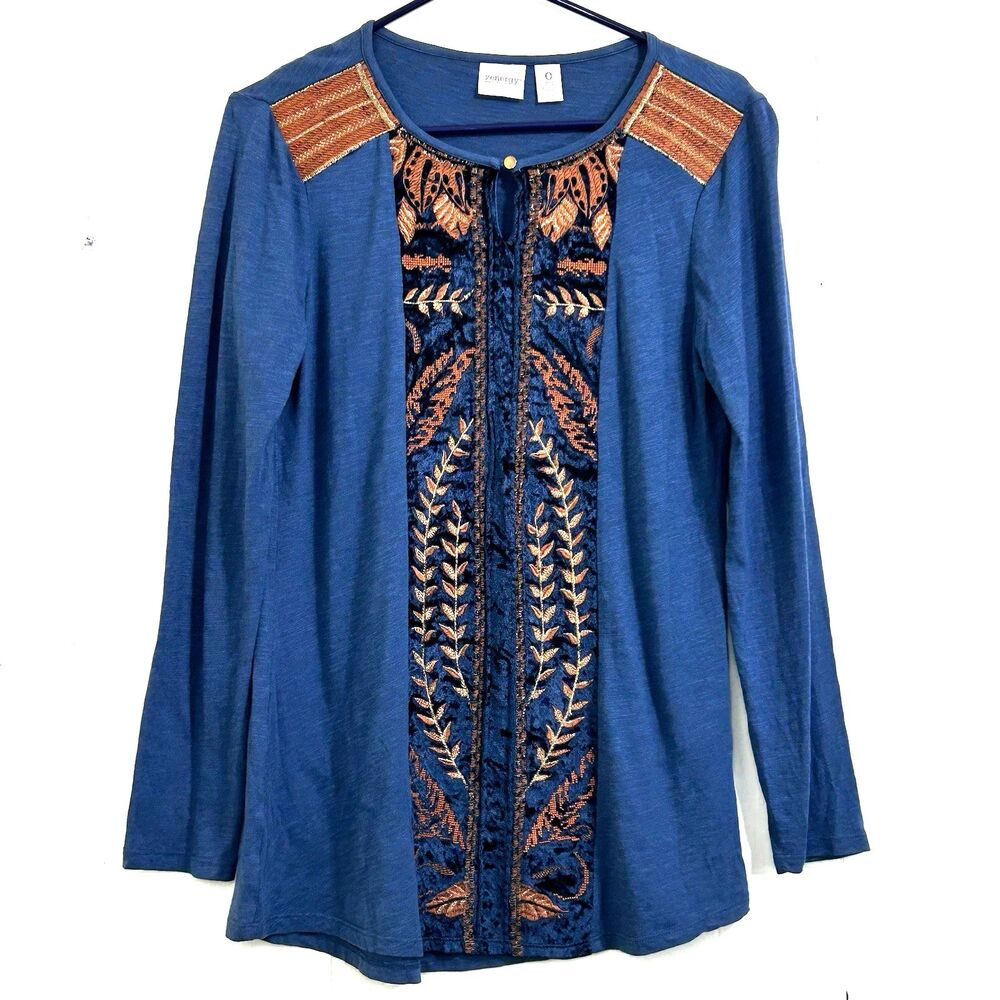 Chico's Zenergy Top Size 0=Small 4 Long Sleeve Blue Leaves Velvet Embroidered